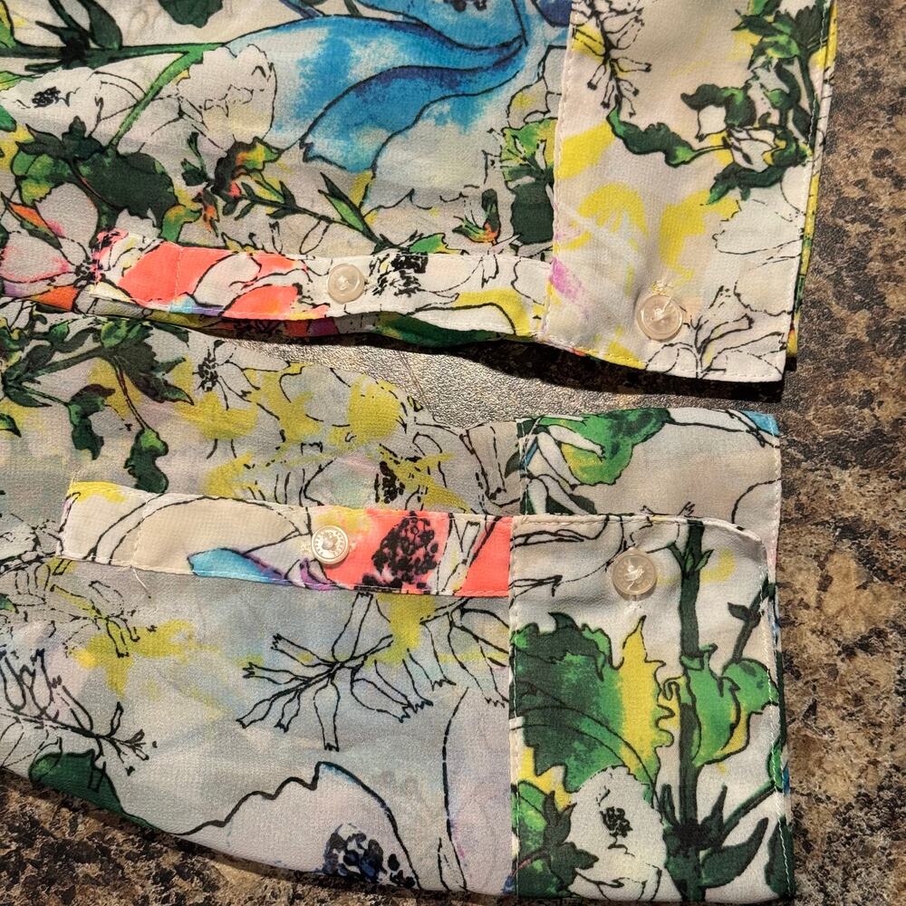 Express Portofino Button Up Shirt Sheer Floral Botanical Watercolor Spring Top S - Picture 9 of 10